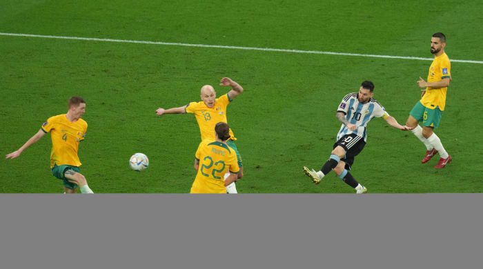 Argentina’s Lionel Messi scores a goal vs. Australia at the World Cup.